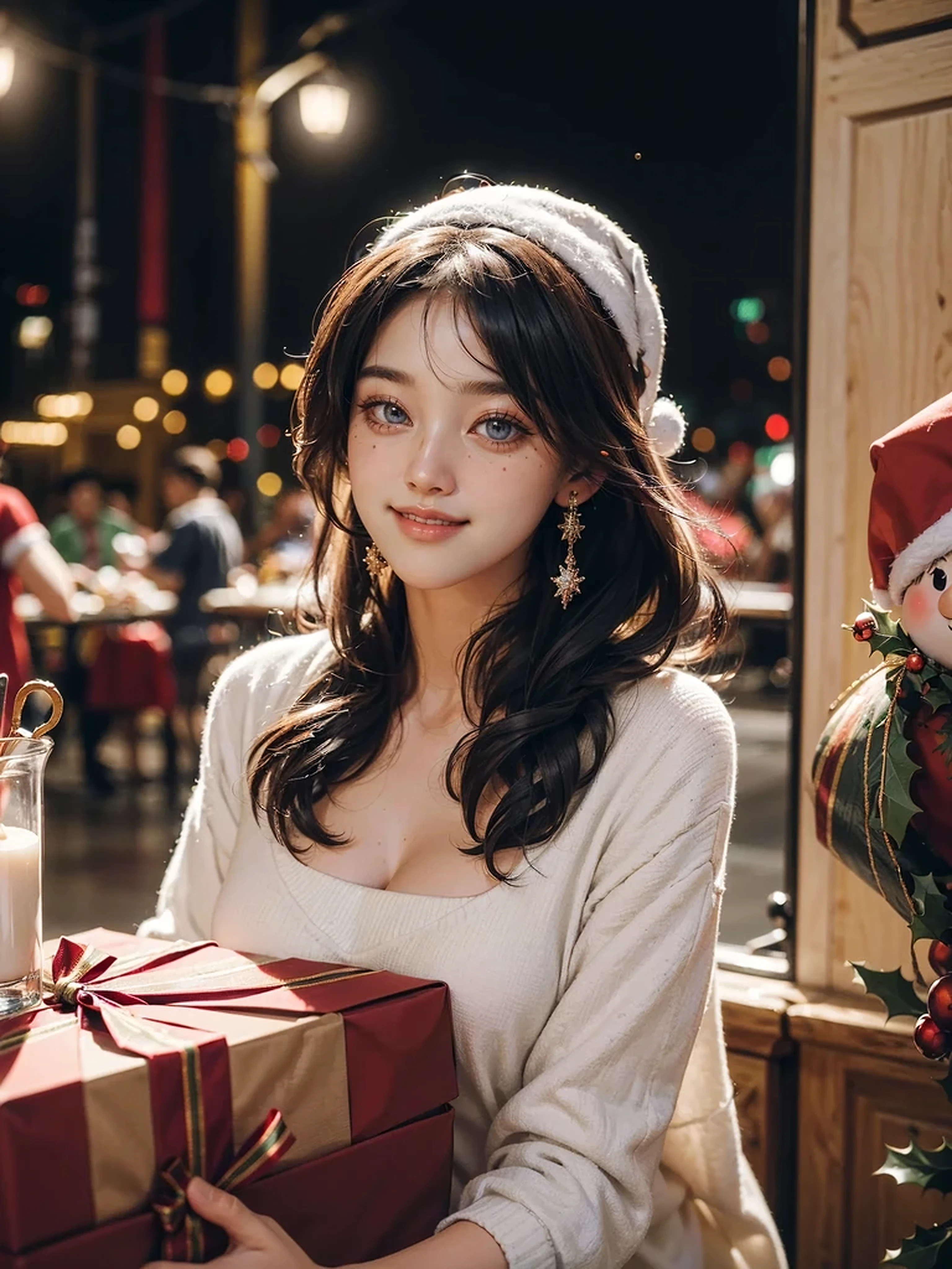 best quality, 8k, UHD, highres, masterpiece, ultra-detailed, realistic, photorealistic, photo-realistic, portrait, 1woman, long hair, Christmas gift, night, Christmas eve
