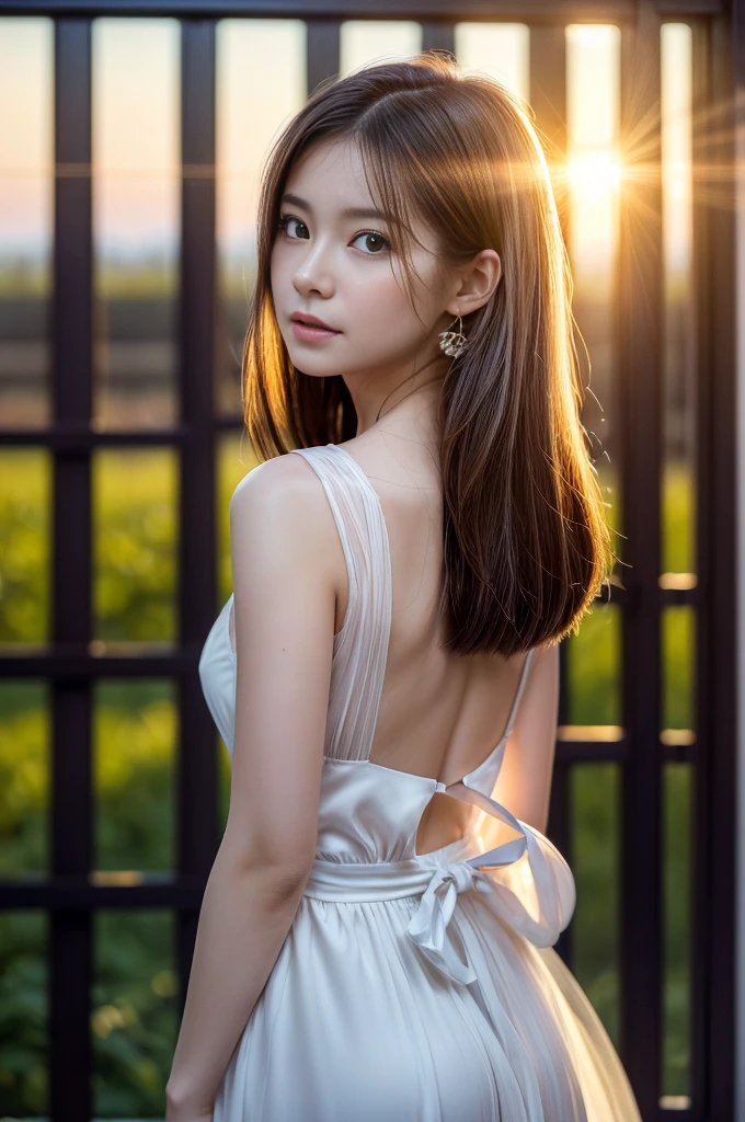 (Photoreal Stick:1.5, masutepiece:1.5, 8K), (top-quality, masterpiece, 超A high resolution), (Face Sharp Focus:1.45), Professional camera work:1.25, Highly detailed skin and facial texture:1.3, Grow Light Effect, The ultra-detailliert:1.3, 1girl in, Fair skin, (Sense of clarity:1.5), Small face, Extremely beautiful face:1.4, Sense of clarityを感じる目:0.9, looking distantly, Enraptured look:1.0, i love you completely:0.8, slightly open mouth:0.4, Sense of clarityを感じる口当たり:0.7, 二重まぶた, Dark brown medium hair, necklace and earrings, looking at viewert, (sunrises, Light sunlight:1.3, sunlight shining from behind:1.3, Pale sunlight spreads across the screen:1.5)