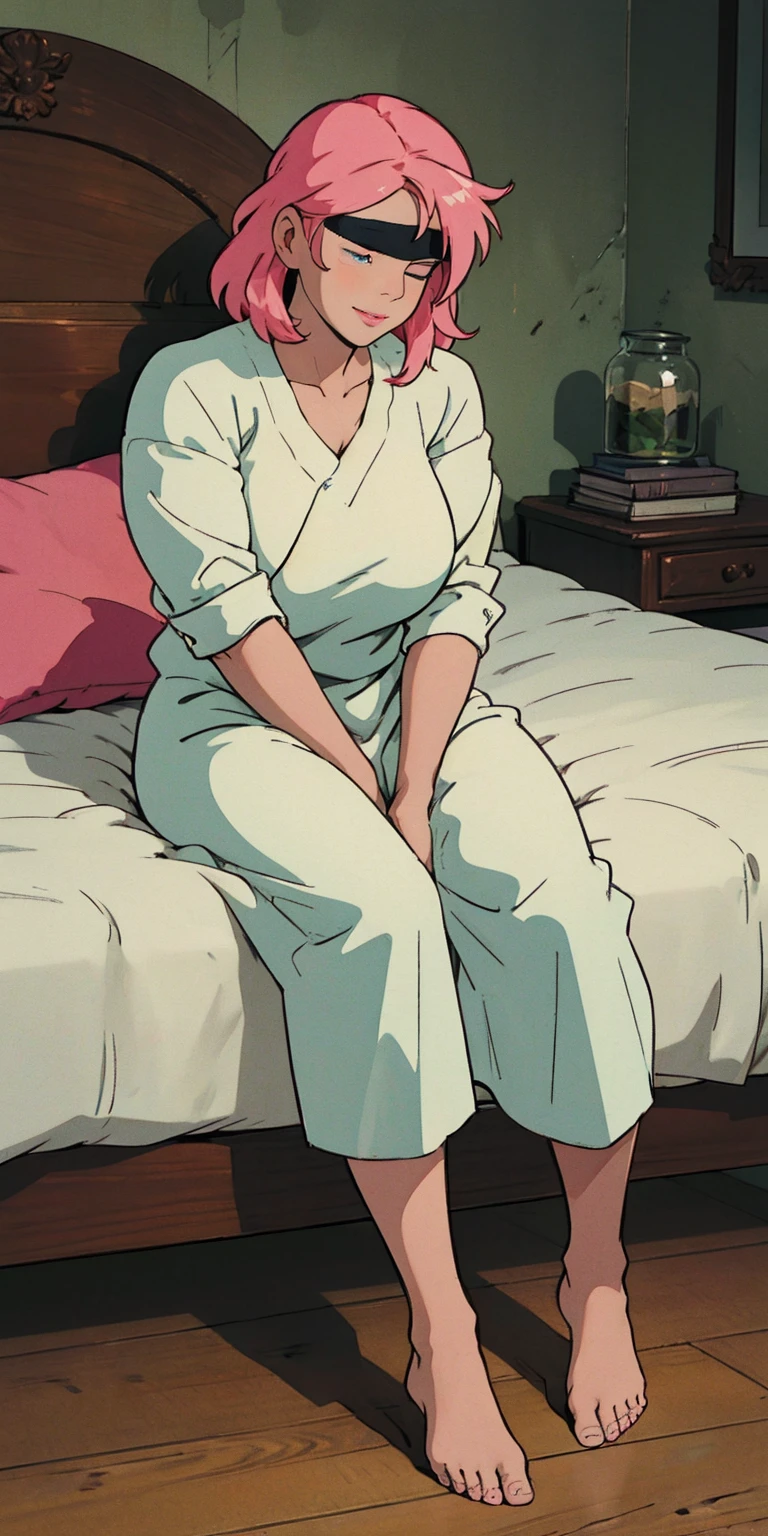(masterpiece), (best quality), (ultra-detailed), line drawing, skindentation, (high resolution), cowboy shot, blindfold, blinfolded eyes, female big breast, full body, sitting on red bed with pink sheets, white pillow, barefoot