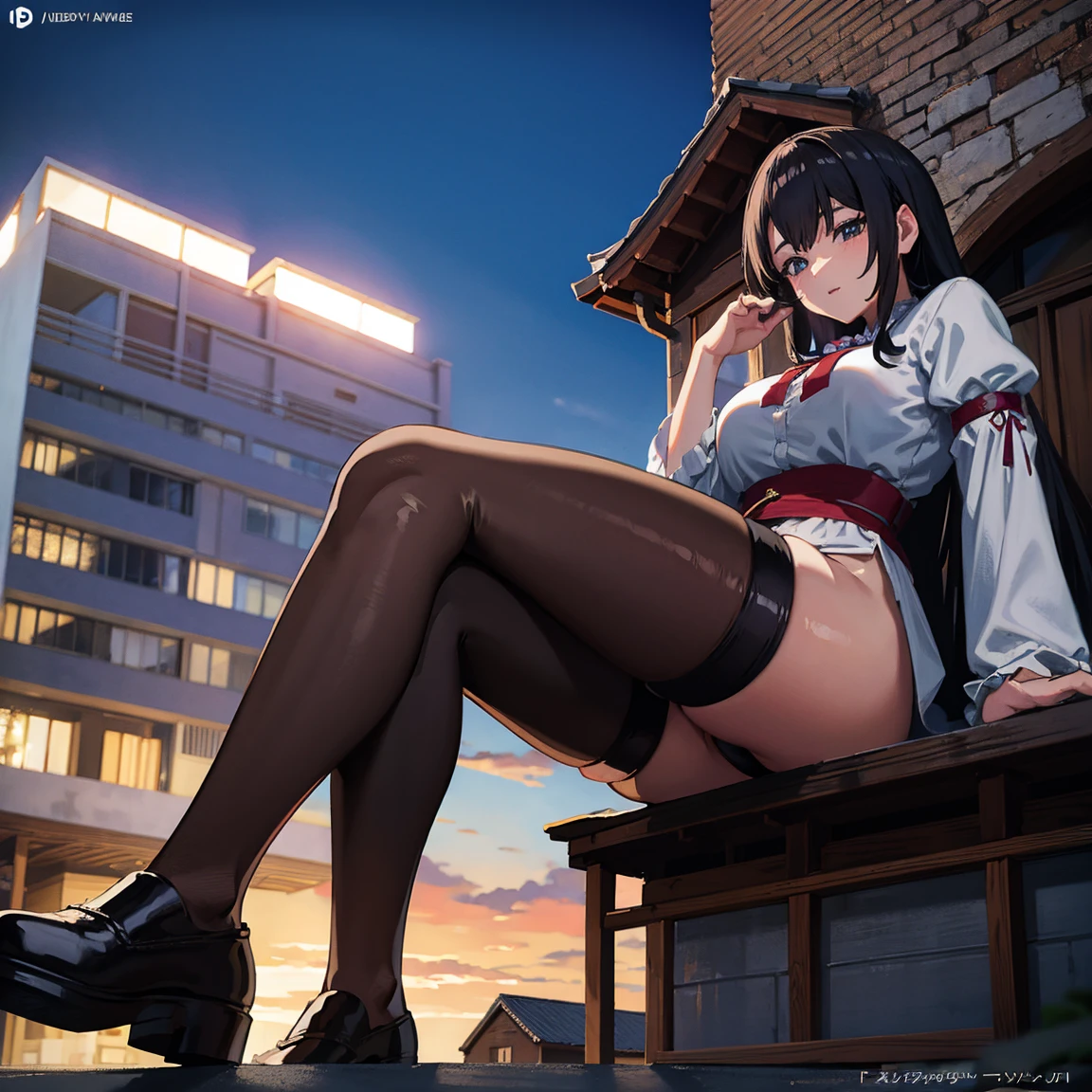 Anime illustration of a giantess sitting on a medieval house in her underwear