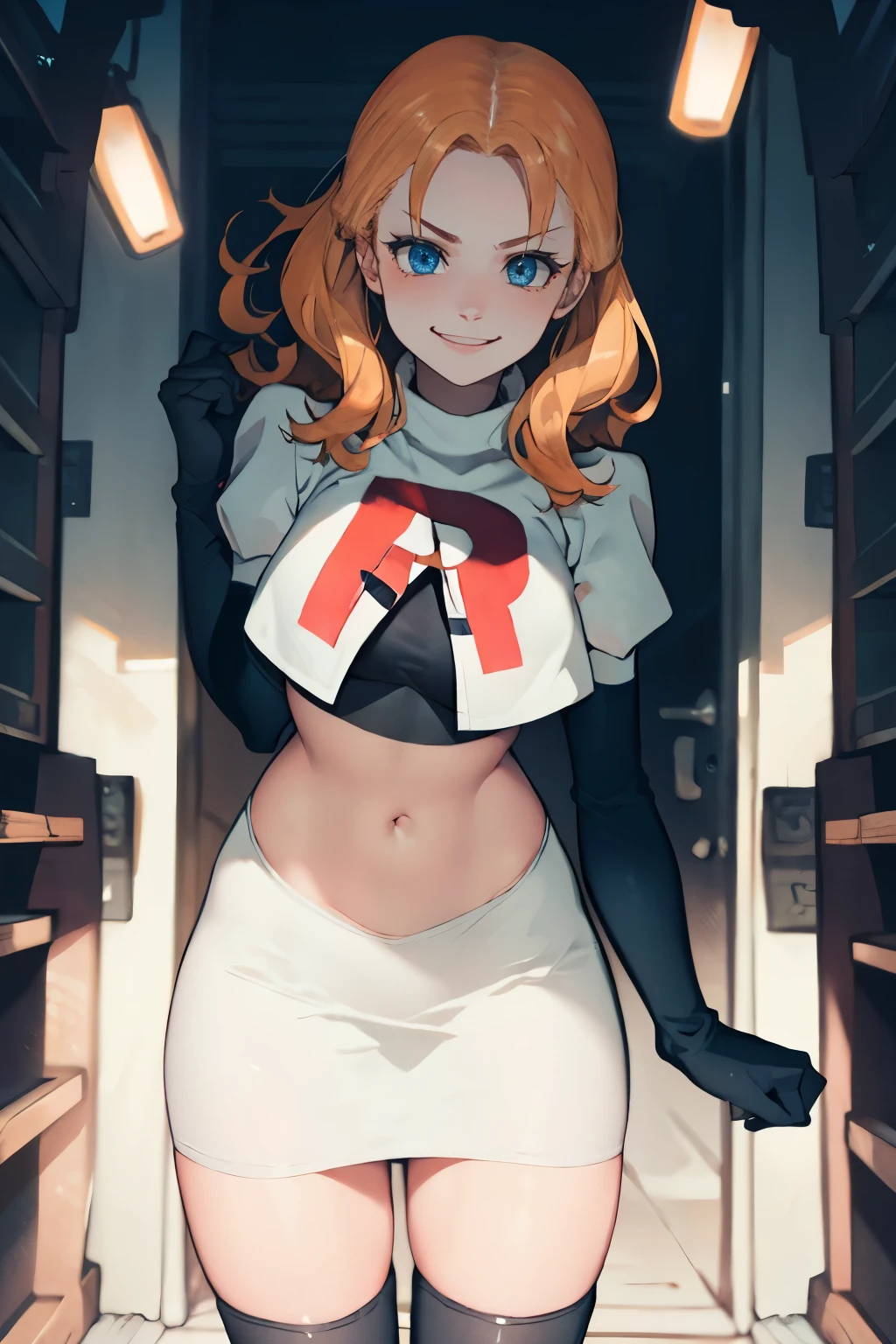 annette_war, long hair, team rocket,team rocket uniform, red letter R, white skirt,white crop top,black thigh-high boots, black elbow gloves , looking at viewer, evil smile