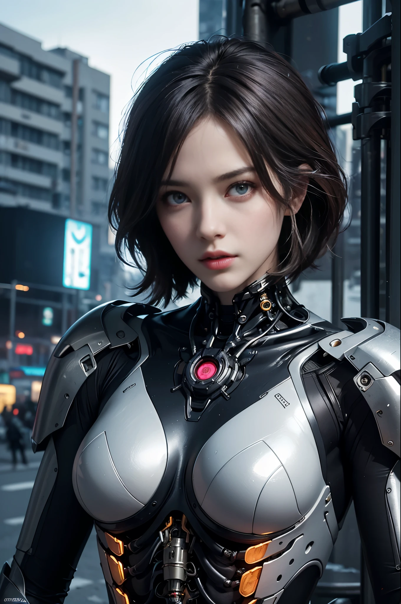 of the highest quality, masutepiece, Ultra High resolution, ((Photorealistic: 1.4), raw Photo, 1 Cyberpunk Android Girl, Glossy skin, (Ultra realistic Details)), Mechanical limbs, Tubes connected to mechanical parts, Mechanical vertebrae attached to the spine, Mechanical cervical attachment to the neck, Wires and cables connecting to the head, Evangelion, ((Ghost in the Shell)), Small glowing LED lamp, global lighting, Deep Shadows, Octane rendering, 8K, ultrasharp, Metal, Intricate decoration details, Baroque style details, high intricate detailed, Realistic light, Trends in CG, Facing the camera, neon details, (android factory on background), Art by H.r. Giger and Alphonse Mucha.There&#39;s a drill in my head