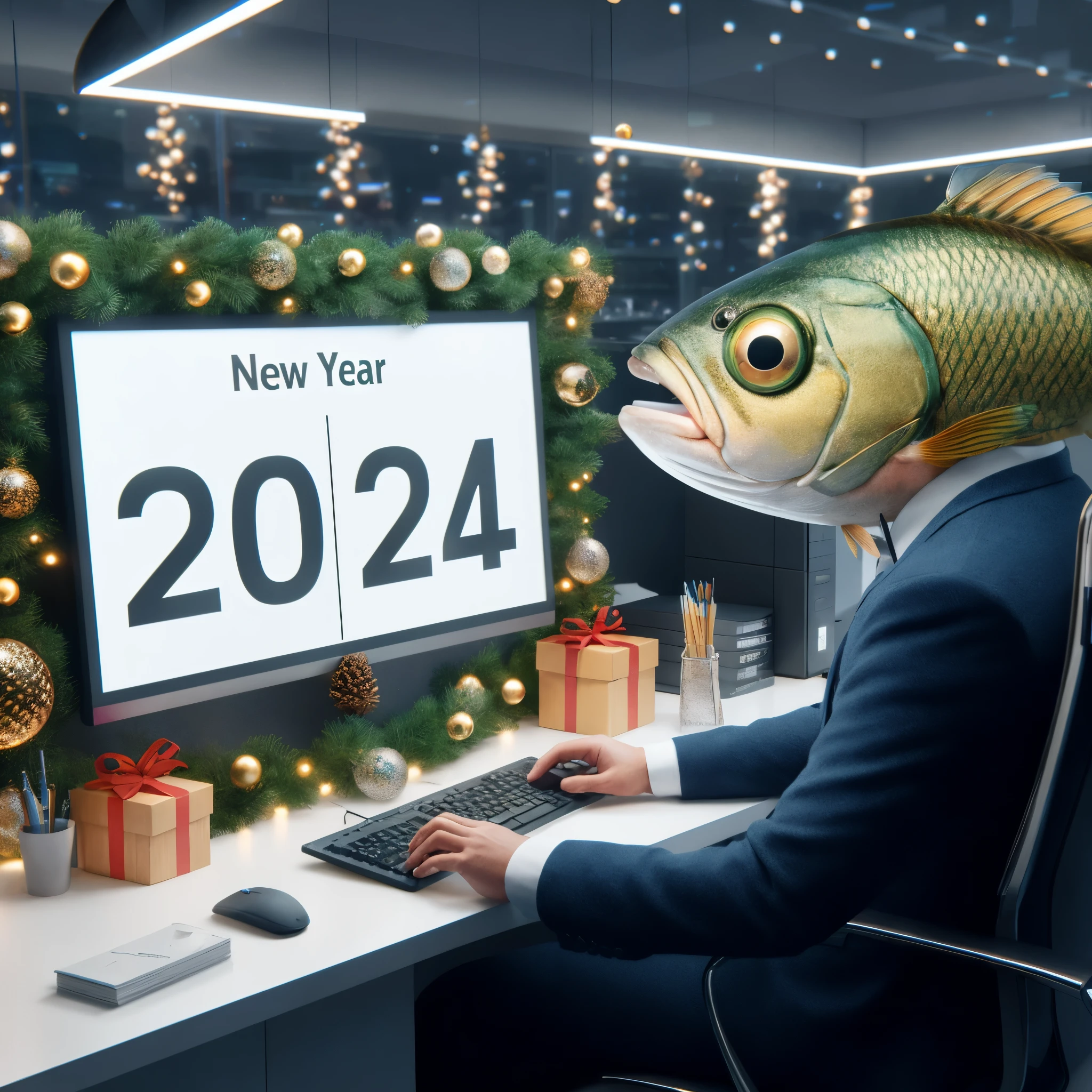 Dressed up fish - bank employee sitting at a computer terminal, large date on the calendar: '2024', festive New Year setting, anatomically correct, full frame, studio lighting, photorealistic, octane render, smooth, sharp focus, super quality, stunning New Year illustration