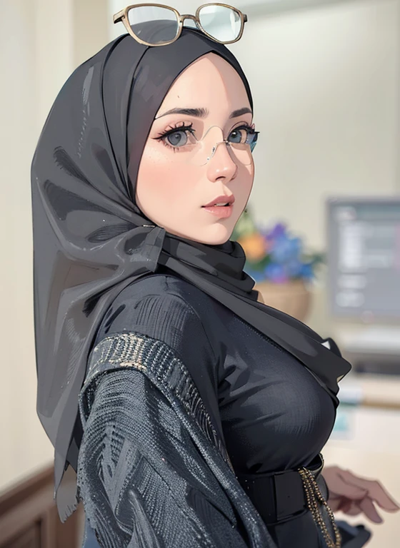 there is a woman wearing a black hijab and glasses, malaysian, hijab, headshot profile picture, portait photo profile picture, inspired by Fathi Hassan, inspired by Nazmi Ziya Güran, professional profile picture, face is wrapped in a black scarf, wrapped in a black scarf, dilraba dilmurat, traditional beauty, side boob,