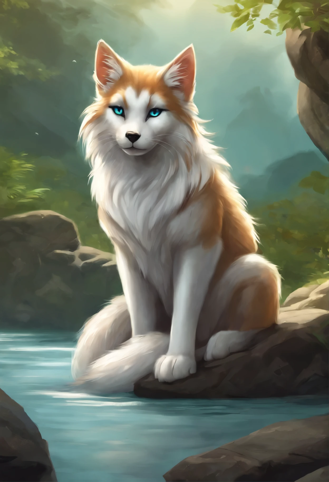 Anime Cat with green eyes and mouth open sitting on a rock, realistic Anime Cat, Warrior cats fan art, very very beautiful furry art, ashfur from Warrior cats, Anime Cat, white wolf, white fox anime, Growling, furry wolf, white wolf with blue eyes, a white wolf, Warrior cats, an anthro wolf, furry fantasy art