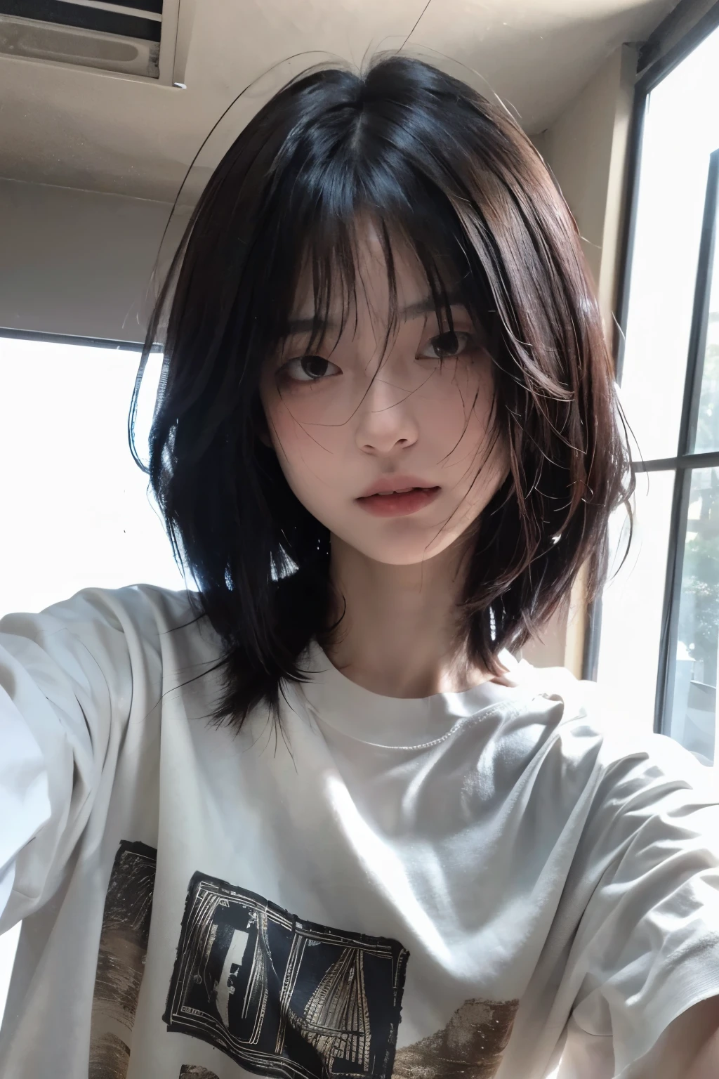 8K,Best quality, masterpiece, ultra high res, (photorealistic:1.4), raw photo, (Authentic skin texture:1.3), (film grain:1.3), (selfie angle),1girl,beautiful detailed eyes and face,masterpiece, best quality,close-up,upper bod, wolf cut hair, black t-shirt