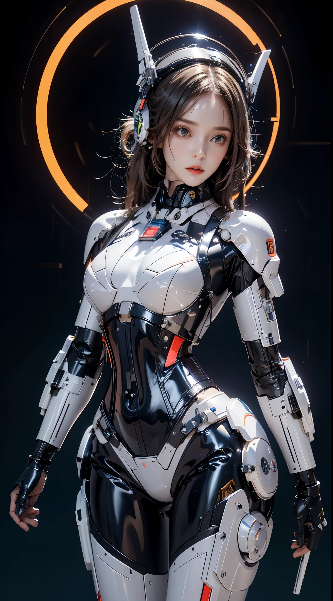 realisticlying, A high resolution, a 1 womone, hip-up, droid, Mecha Maiden,mechanicalparts, droid joints,single mechanical arm, Hats, Mechanical Aura,star halo,Complex mechanical body suit, mecha corset, Full A, White mecha body