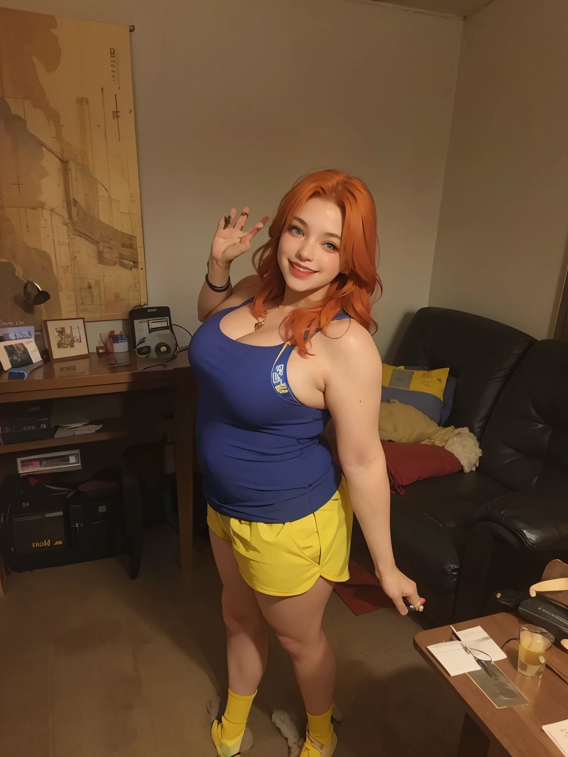 Fat, fat woman, big inches, fat ass, squat, ahegao,  redhead, blue shirt, small shirt, stretched shirt, farts, fart, burping, farting, big mouth