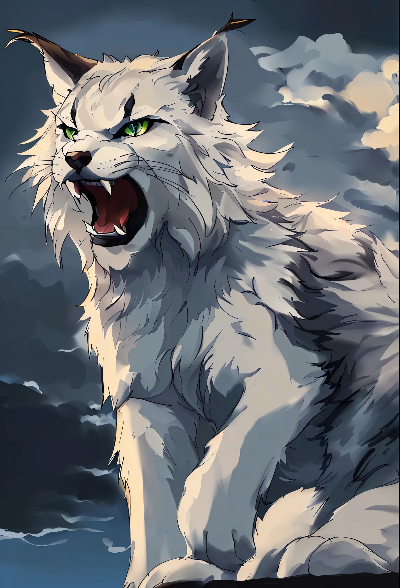 Anime Cat with green eyes and mouth open sitting on a rock, realistic Anime Cat, Warrior cats fan art, very very beautiful furry art, ashfur from Warrior cats, Anime Cat, white wolf, white fox anime, Growling, furry wolf, white wolf with blue eyes, a white wolf, Warrior cats, an anthro wolf, furry fantasy art
