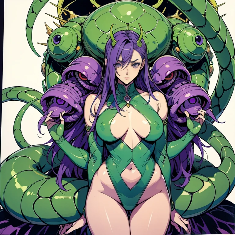 Cartoon photo of a woman in a green and purple costume、Hot Insect Humanoid Female、Guyver Style、NSFW version、Akame、Scarabeleploid、Tentacles imitating a snake's tail、、Alien Queen、Serpentine Pose、