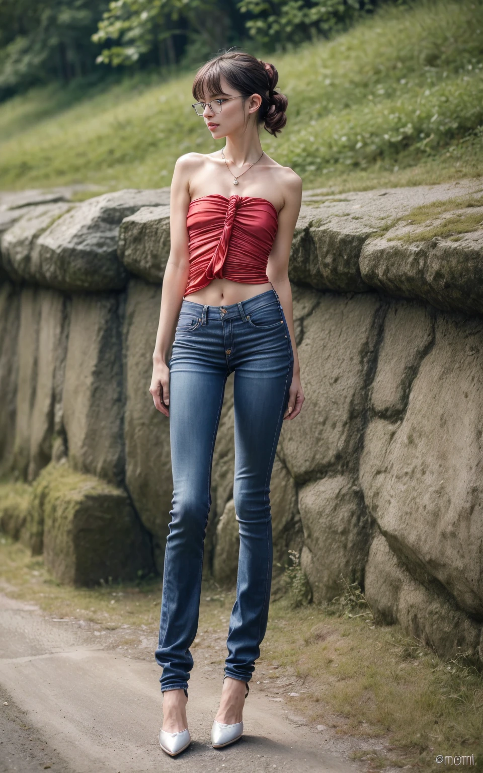 (8K, Masterpiece, RAW photo, Best quality, detail:1.3), (ultra realistic Natural background, scenary:1.5), Depth of field, Cinematic light, (ultra realistic face), (1 picture of 1 solo girl Airim Jones:1.6), 1girl, (Beautiful and elegant Russian girl), (skinny girl with glasses), (European face:1.3), (perfect complete full body:1.6), (full body shot including shoes:1.6), (perfect [frontal view|side profile|back profile]:1.5), (small necklace, collarbone:1.1), ( [bangs|pigtails|bob|pixie] hair:1.5), (ultra detailed skin:1.4), (sexy red minitop:1.5), (soft fabric miniTop:1.5), (Paneled Jeans:1.6), (perfect standing pose:1.5), (perfect long legs:1.3), (low rise jeans:1.5), (low waisted jeans:1.5), (perfect shoes:1.5), (perfect feet:1.5)