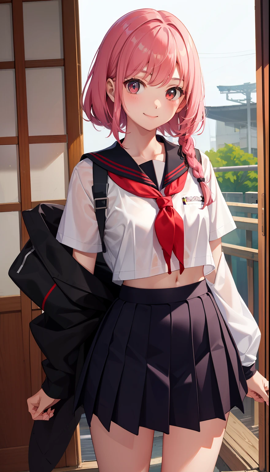 1girl in、A smile、The shirt、skirt by the、(small tits)Chilarism、Japan High School Student Uniform、serafuku、summer clothing、Squall Drenched Uniform、(Sheer Bra)、Upper body portrait、
