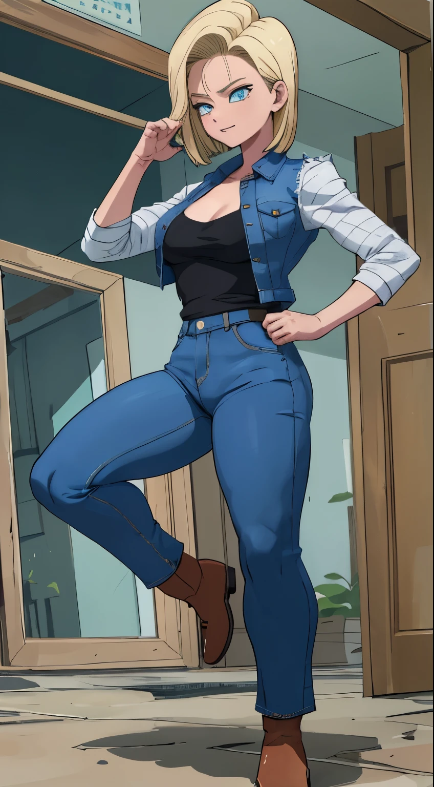 ((master part,best quality)), cabelos loiros, cabelo amarelo, absurdos, android_18_.DB, Denim Jeans Pants, camisa manga longa listrada, colete jeans azul, sozinho, sorridente, Olhando para o Viewer, cowboy shot, cinematic  composition, dynamic pose, corpo inteiro, bota marrom, perfil lateral, mostrando o lado da perna, mostrando lateral, de lateral, standing on her feet, corpo inteiro, Denim Jeans Pants azul, reflexo, cabelos curtos