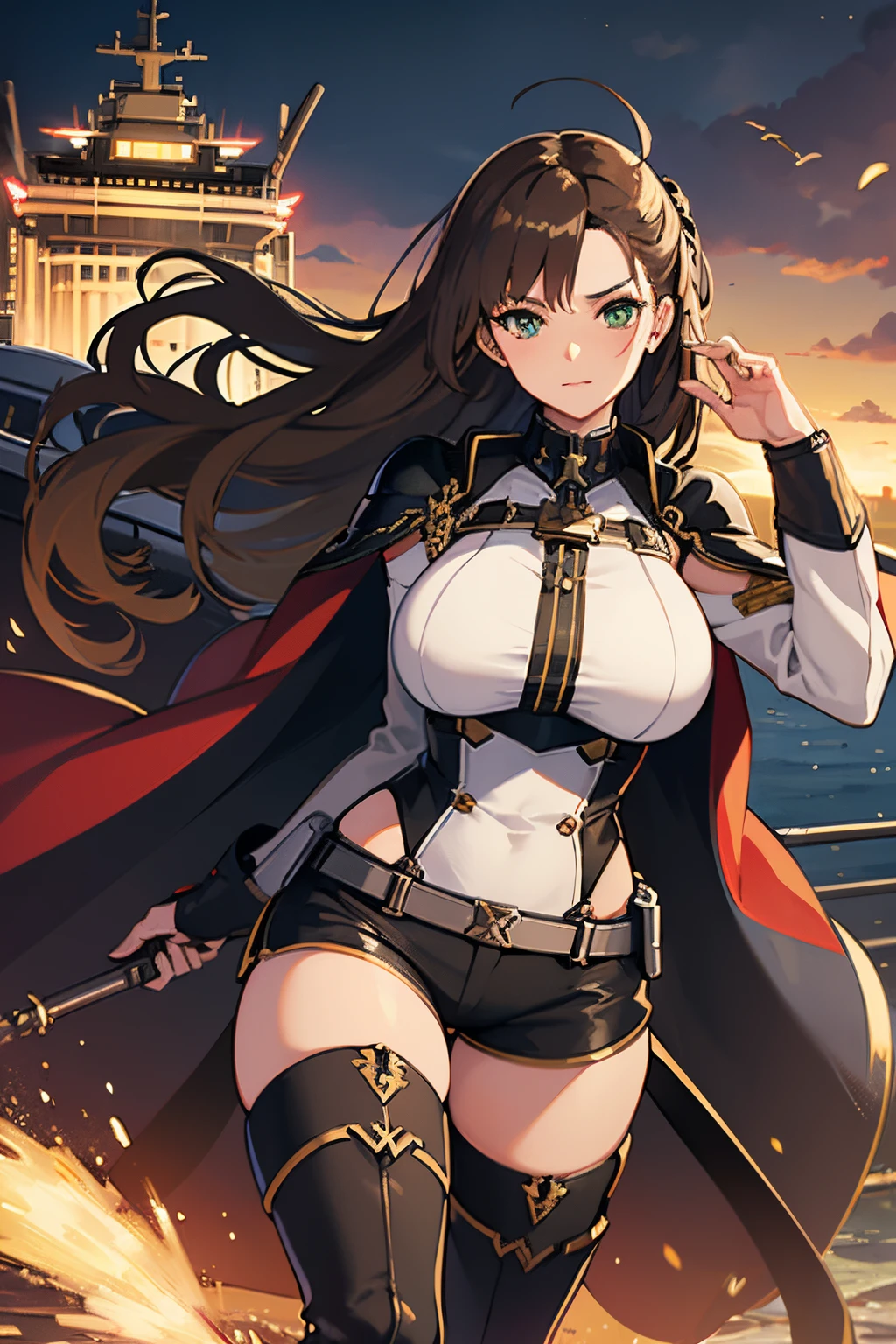 detailed picture of a strong mature woman, Azur Lane, confident expression, battleship gun turrets, long brown hair, green eyes, fortress background, bright lighting, (wearing shorts, thigh high boots, fencing cape on one shoulder)