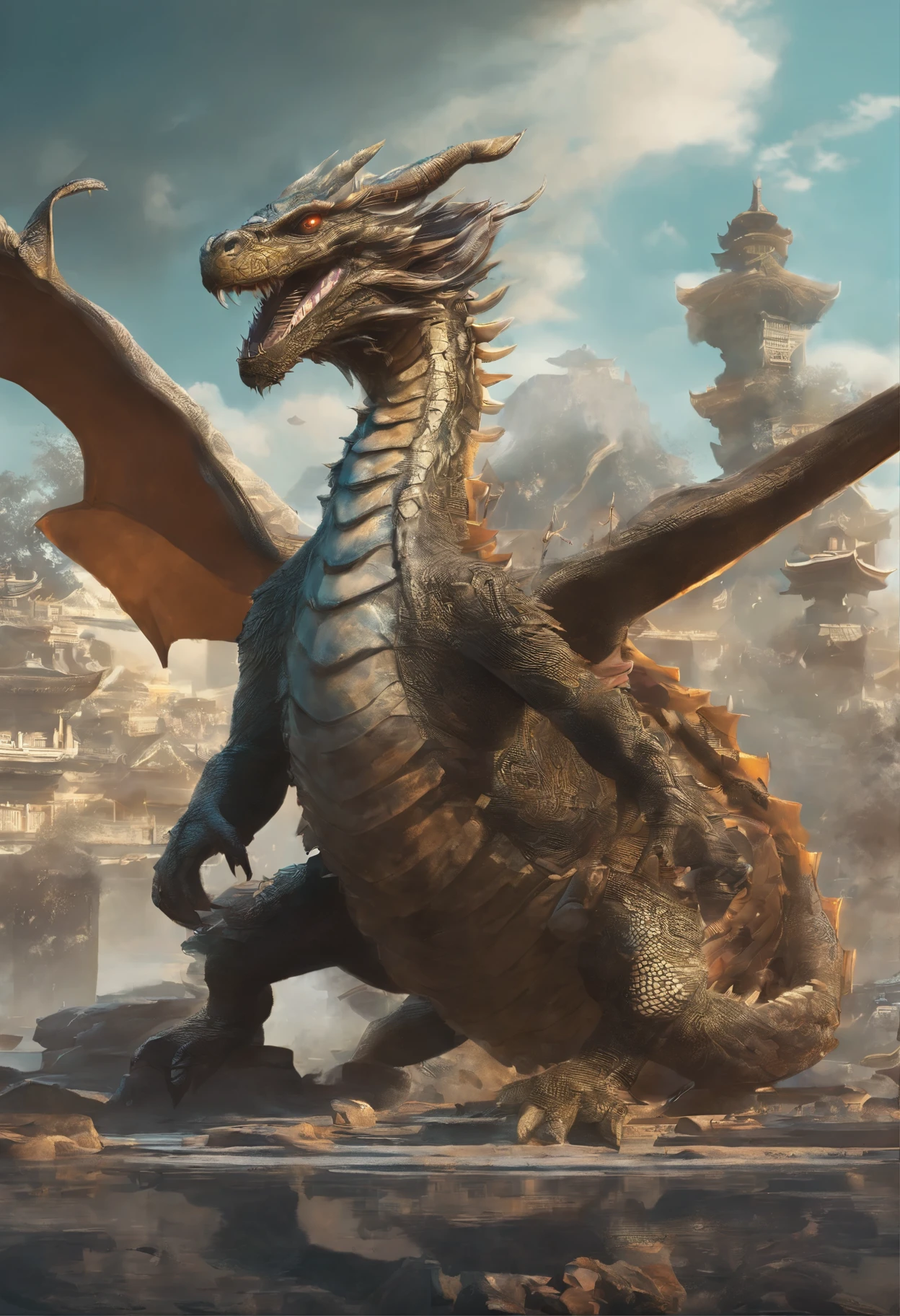 top-quality，Dragon Turtle，Huge, Long，Heavy tortoiseshell shell，Chinese leaders，long tail of a snake，swell sea，china style，OC rendering，super-fine，high quarity，hight resolution