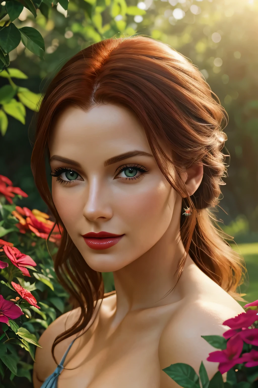 Triss Merigold face, detailed beautiful eyes, full red lips, extremely detailed facial features, long eyelashes, outdoor sunny day, warm sunlight, soft shadows, picturesque garden, vibrant plants and flowers, colorful butterflies, tranquil atmosphere, realistic portrait, high-resolution masterpiece:1.2, vivid colors, fine brushstrokes, natural skin tones, radiant complexion, professional lighting, dreamy ambiance, photorealistic rendering.