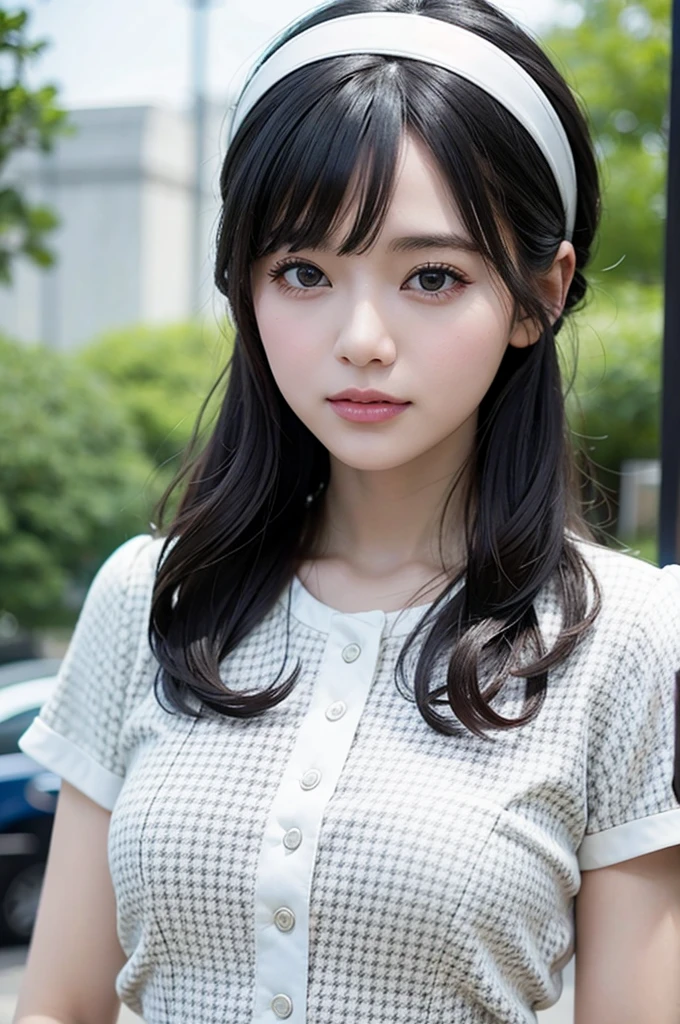 Ultra-realistic 8K CG, Picture-perfect face, "２０An old woman、with black hair7０&#39;s retro hair style、white hairband、7０era retro fashion、Houndstooth7０eras suits、white boots、Standing