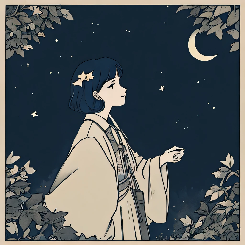 night sky with stars, vintage aesthetic, leaves