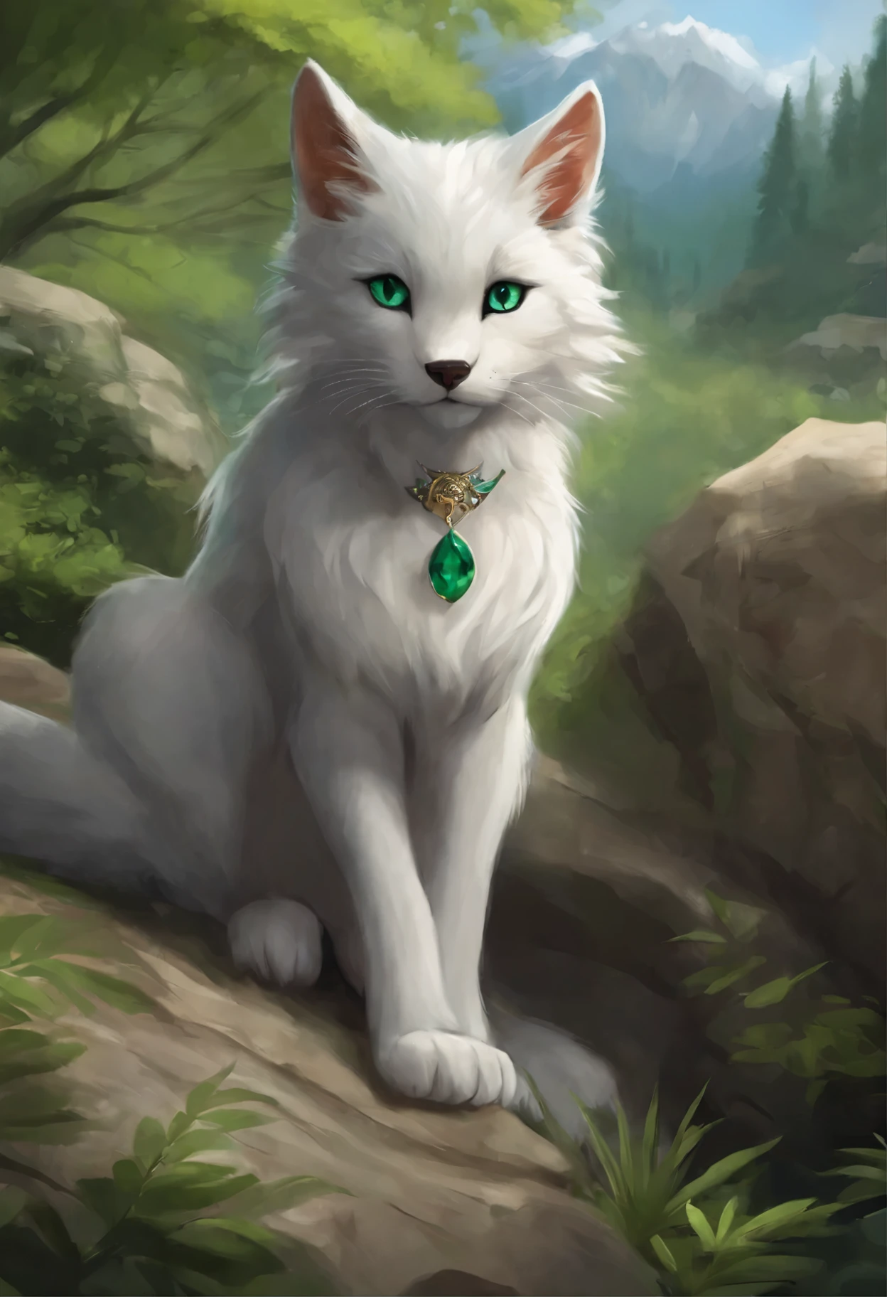 Anime Cat with green eyes and mouth open sitting on a rock, realistic Anime Cat, Warrior cats fan art, very very beautiful furry art, ashfur from Warrior cats, Anime Cat, white wolf, white fox anime, Growling, furry wolf, white wolf with blue eyes, a white wolf, an anthro wolf, Warrior cats, furry fantasy art