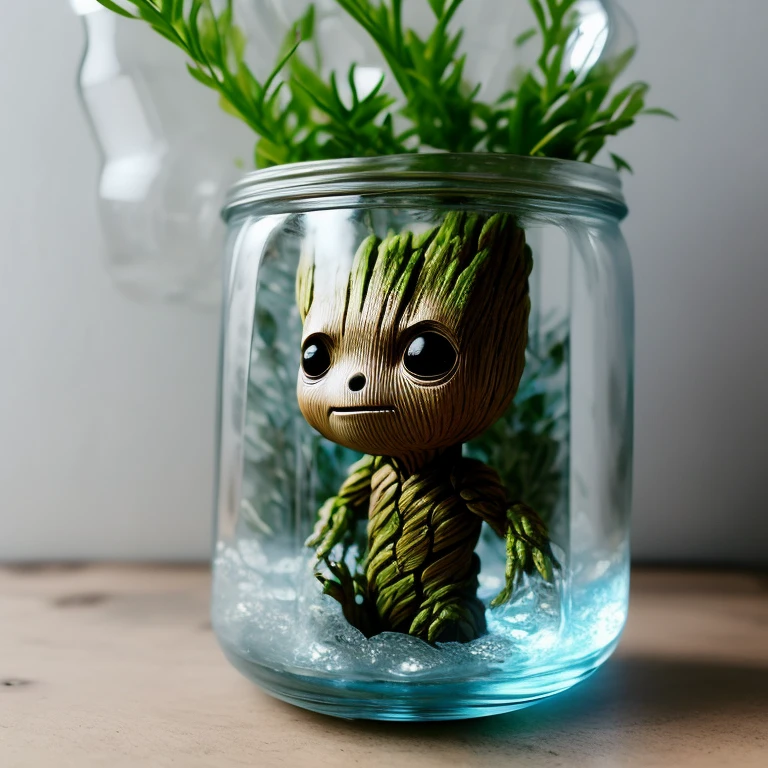 Baby Groot Guardians of the Galaxy
Inside a glass jar with water and fish