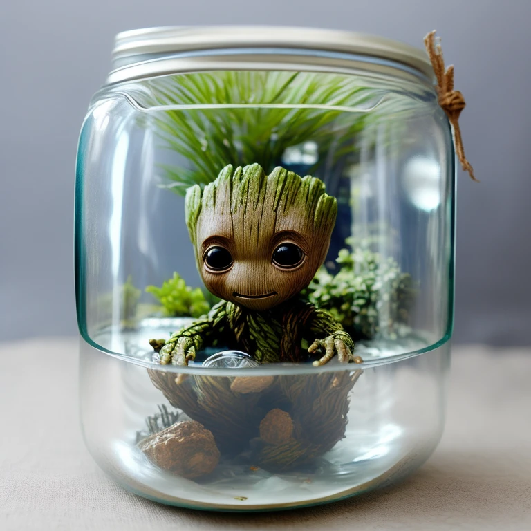 Baby Groot Guardians of the Galaxy
Inside a glass jar with water and fish