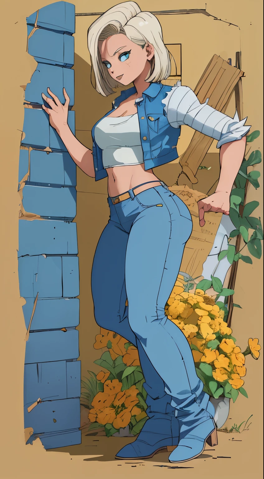 ((master part,best quality)), cabelos loiros, cabelo amarelo, absurdos, android_18_.DB, Denim Jeans Pants, camisa manga longa listrada, colete jeans azul, sozinho, sorridente, Olhando para o Viewer, cowboy shot, cinematic  composition, dynamic pose, corpo inteiro, bota marrom, perfil lateral, mostrando o lado da perna, mostrando lateral, de lateral, standing on her feet, corpo inteiro, Denim Jeans Pants azul, reflexo, cabelos curtos, bunda grande, decote, cintura fina