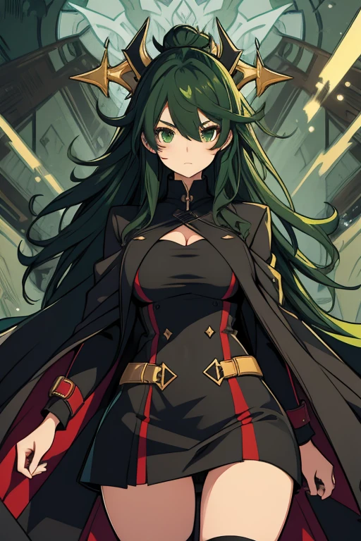 a girl wearing a black overcoat, long green hair, plant powers, anime style 2d, epic, cool, impressive, masterpiece, high res, red stripes in hair, cute breasts, thighs