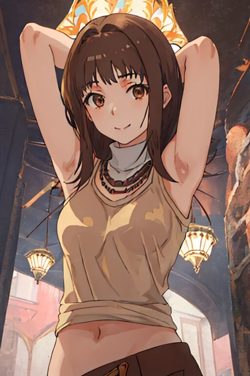 best quality, masterpiece, highres, solo, {itsuwa_toarumajutsunoindex:1.15}, brown_eyes, brown_hair, short_hair, 1girl, jewelry, necklace, long_hair, looking_at_viewer, close_mouth, upper_body, anime_coloring, shirt, contrapposto, spread armpit, arms behind head, solo, forest, night, smile,