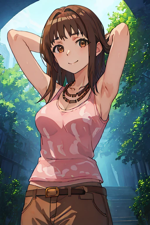 best quality, masterpiece, highres, solo, {itsuwa_toarumajutsunoindex:1.15}, brown_eyes, brown_hair, short_hair, 1girl, jewelry, necklace, long_hair, looking_at_viewer, close_mouth, upper_body, anime_coloring, shirt, contrapposto, spread armpit, arms behind head, solo, forest, night, smile,