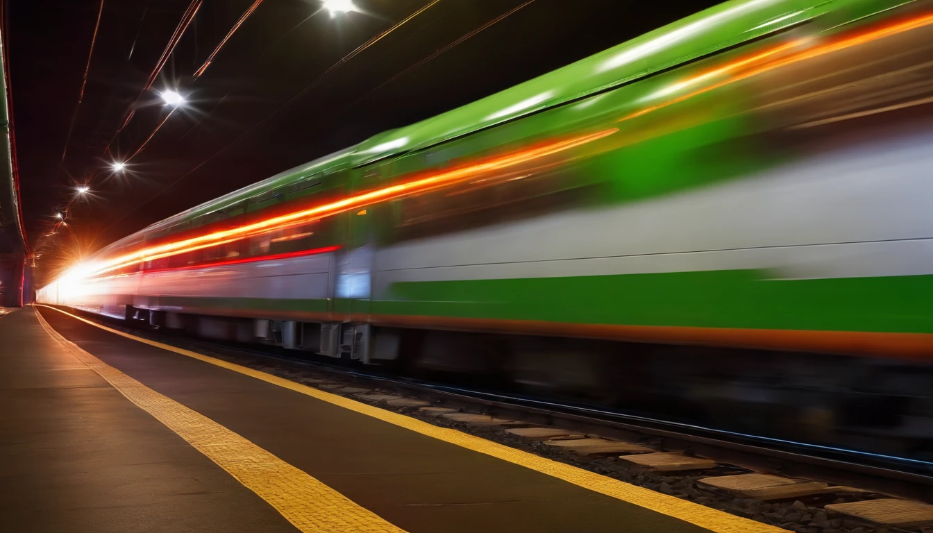 a mesmerizing shot of the train rushing through the tunnel, with vibrant streaks of light creating a dynamic and energetic atmosphere.