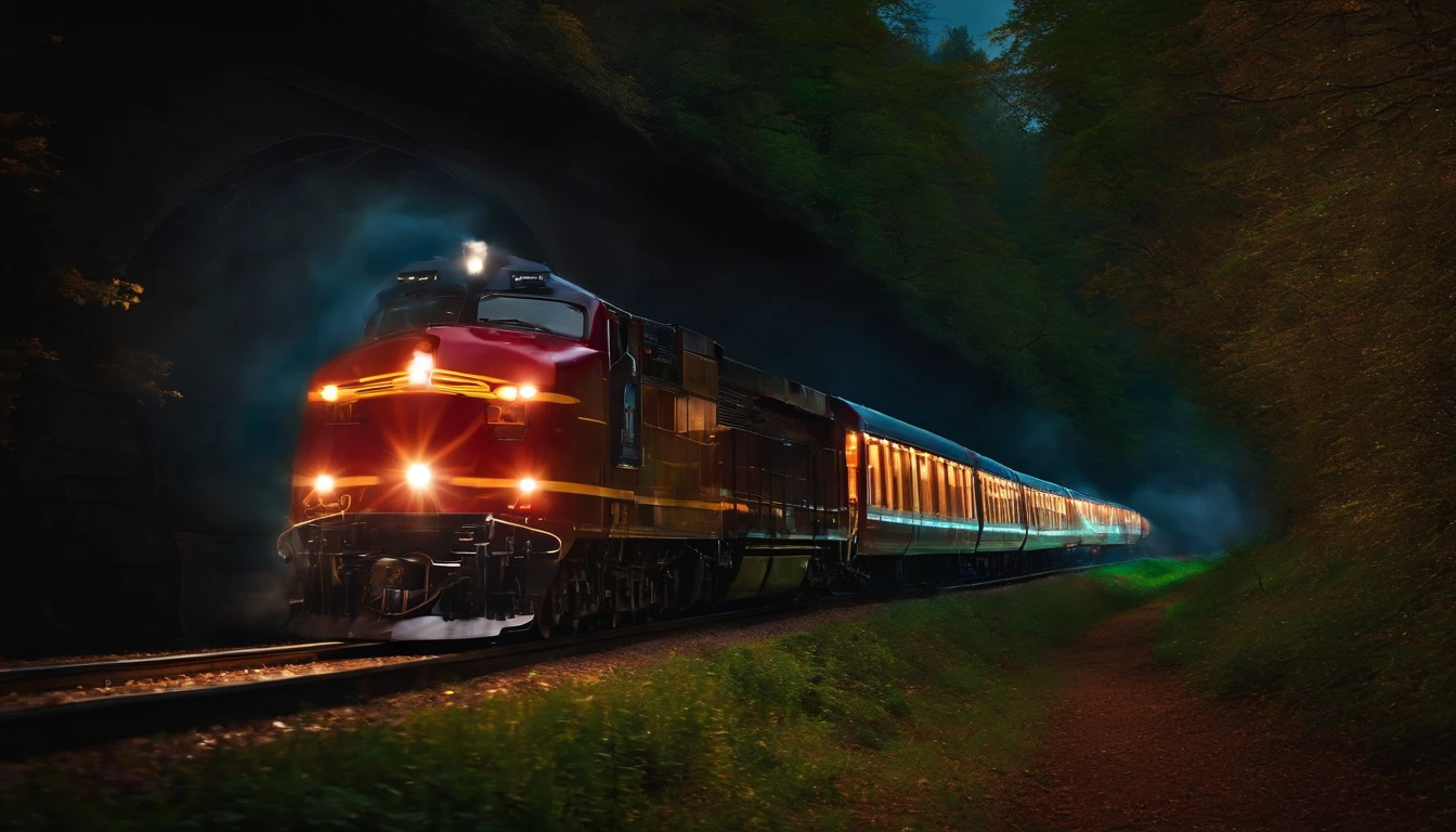 a mesmerizing shot of the train rushing through the tunnel, with vibrant streaks of light creating a dynamic and energetic atmosphere.