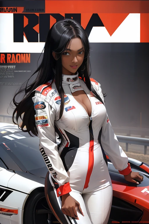 23 years old girl, long black hair, dark skin, wearing a white racing driver suit, cleavage, brown eyes, smiling, sexy pose, high res, ultrasharp, 8K, (Racing magazine: 1.4), (style de couverture: 1.3), race paddock, background
