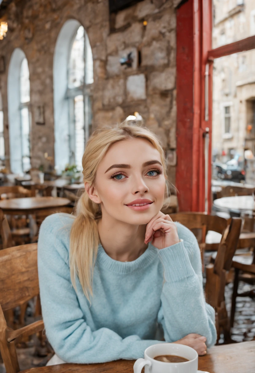 Height 181, light blue eye color, white skin color, wide eyebrow, blonde hair color, ponytail hair, round and elongated pink, medium boobs, hourglass waist, slavic beauty, wearing white sweater،  At the cafe, a wooden table, sitting on a chair, white match top, chocolate and coffee mug on the table, red rose on the table, portrait photo, camera from the front, girl looking at the cobblestone street next to her