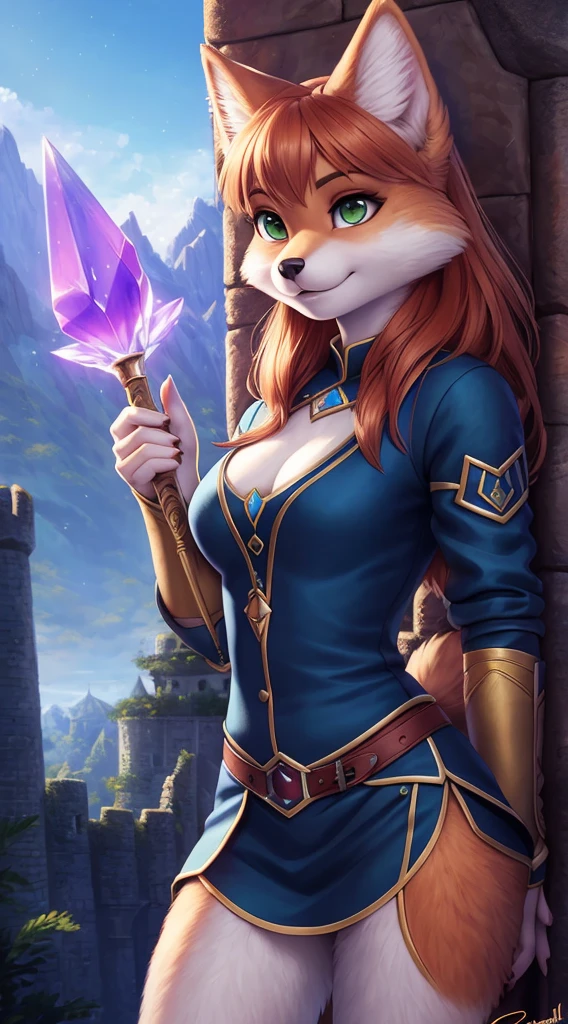 Author: iskra, Author: Wolfy-Nail, Author: Personalami, crystal, Star Fox, woman's, (Detailed), viewer's gaze, Fluffy, 独奏, 1 girl, High Resolution, Photorealistic, (Green eyes), cute looking, embarrassed looking, ((clear structural details)), Detailed realism, Slim, soft, 4k, Excellent quality, High Details, (seductive), Detailed fur, as a mage, mage outfit, in a fortress, holding a magic glowing staff
