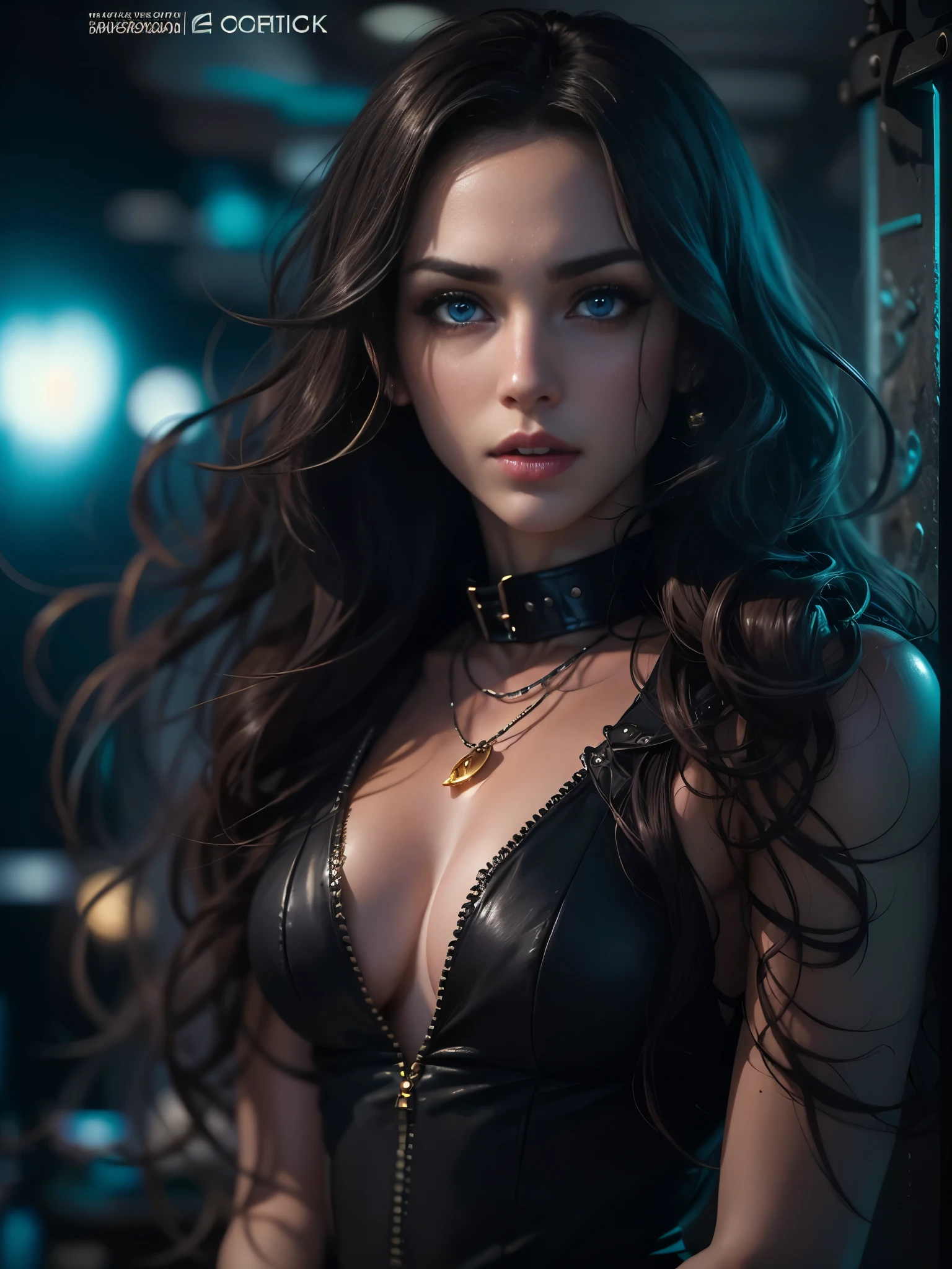 ((8k, HDR, Full body, entire figure, Beautiful European girl 25 years old, round face, closeup, slim body, intense blue electric eyes, detailed eyes, black hair, very long hair, Perfect proportions, gigantic breast, dynamic pose, look at the camera)), ((Masterpiece, highest best quality, realistic photos, ultra-detailed, ultra-intricated)), (movie lighting, complex), Create a captivating artwork with a soft BDSM theme. The protagonist is a stunning girl with intense blue eyes and long, wavy chestnut hair. Dressed in all black, she wears leather accessories, including a collar with a delicate chain, stockings, and high-heeled shoes. The atmosphere should exude sensuality, with subtle hints of the BDSM aesthetic. Set the scene in a dimly lit room, emphasizing shadows and highlights to enhance the overall allure. The focus should be on her expressive eyes and the suggestive elements of her attire, conveying a sense of soft intrigue and allure.