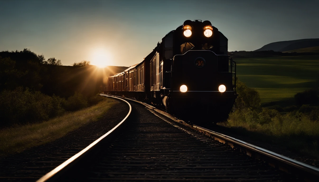 a close-up shot of the train’s headlights illuminating the tunnel, creating a captivating play of light and shadow