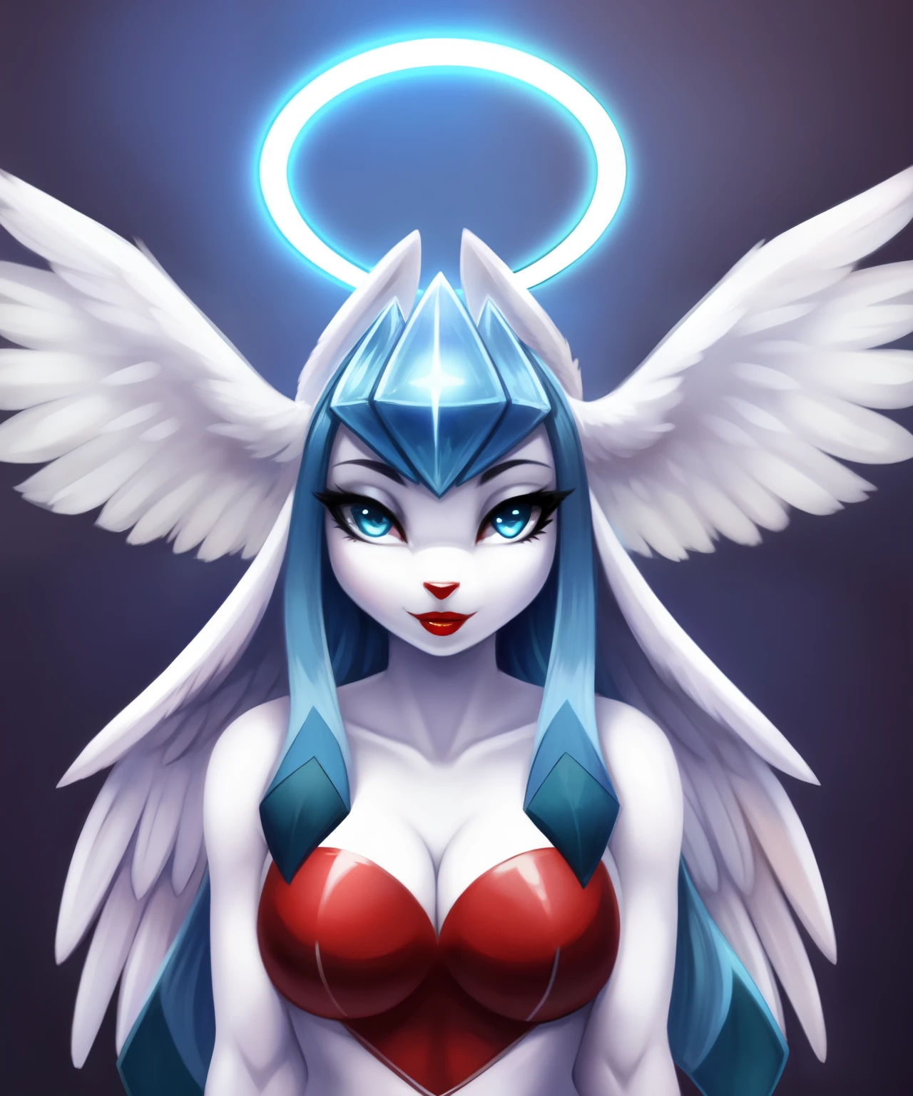 Female anthro glaceon as an angel, halo, white soft wings, red lipstick, red heart covering her chest
