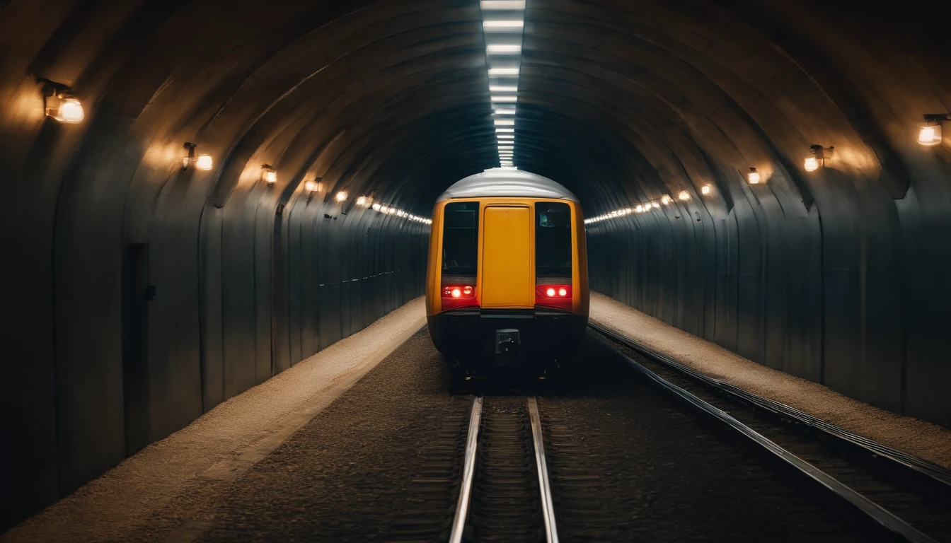 a symmetrical shot of the train moving through the tunnel, with the tunnel walls and tracks converging in the frame, creating a striking visual effect