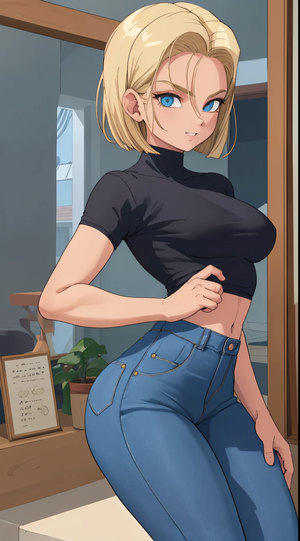 ((master part,best quality)), cabelos loiros, cabelo amarelo, absurdos, android_18_.DB, Denim Jeans Pants, camisa manga longa listrada, colete jeans azul, sozinho, sorridente, Olhando para o Viewer, cowboy shot, cinematic composition, dynamic pose, corpo inteiro, bota marrom, perfil lateral, mostrando o lado da perna, mostrando lateral, de lateral, standing on her feet, corpo inteiro, Denim Jeans Pants azul, reflexo, cabelos curtos, bunda grande, decote, cintura fina, peitos grandes,