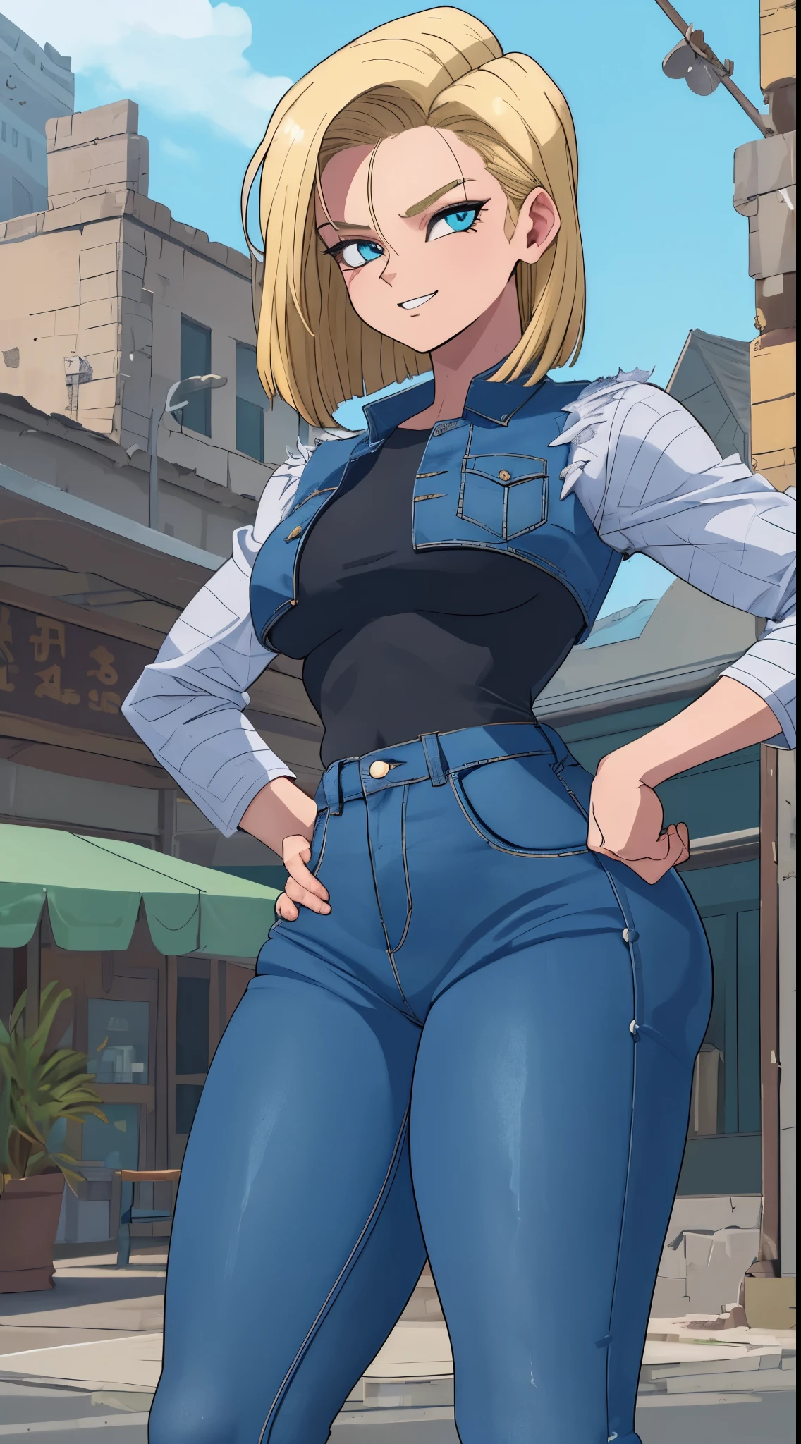 ((master part,best quality)), cabelos loiros, cabelo amarelo, absurdos, android_18_.DB, Denim Jeans Pants, camisa manga longa listrada, colete jeans azul, sozinho, sorridente, Olhando para o Viewer, cowboy shot, cinematic  composition, dynamic pose, corpo inteiro, bota marrom, perfil lateral, mostrando o lado da perna, mostrando lateral, de lateral, standing on her feet, corpo inteiro, Denim Jeans Pants azul, reflexo, cabelos curtos, bunda grande, decote, cintura fina, peitos grandes,