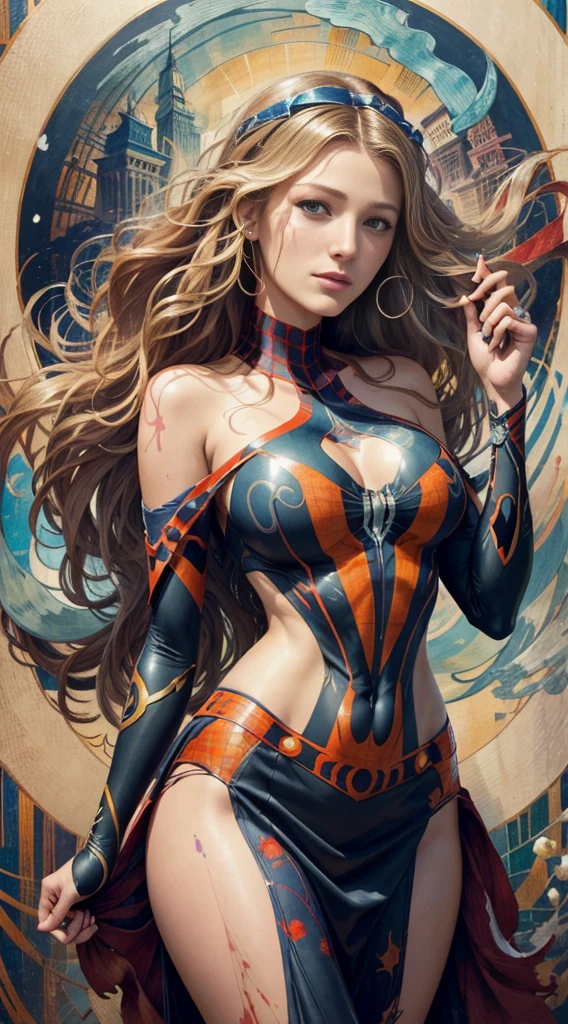 Blake Lively、Sticking out the navel、newyork、She wears a torn Spider-Man suit,wearing skirt、abstract photorealistic、artistic、Alphonse Mucha's painting(masterpiece、top-quality、hight resolution:1.4)、detaileds、複雑なdetaileds、4K、color splashes、line-drawing、Fibonacci、