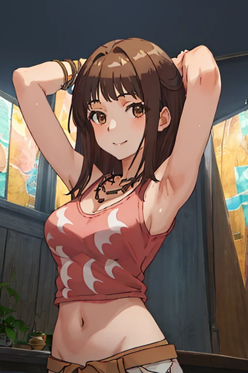 best quality, masterpiece, highres, solo, {itsuwa_toarumajutsunoindex:1.15}, brown_eyes, brown_hair, short_hair, 1girl, jewelry, necklace, long_hair, looking_at_viewer, close_mouth, upper_body, anime_coloring, shirt, contrapposto, spread armpit, arms behind head, solo, forest, night, smile,