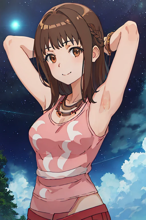 best quality, masterpiece, highres, solo, {itsuwa_toarumajutsunoindex:1.15}, brown_eyes, brown_hair, short_hair, 1girl, jewelry, necklace, long_hair, looking_at_viewer, close_mouth, upper_body, anime_coloring, shirt, contrapposto, spread armpit, arms behind head, solo, forest, night, smile,