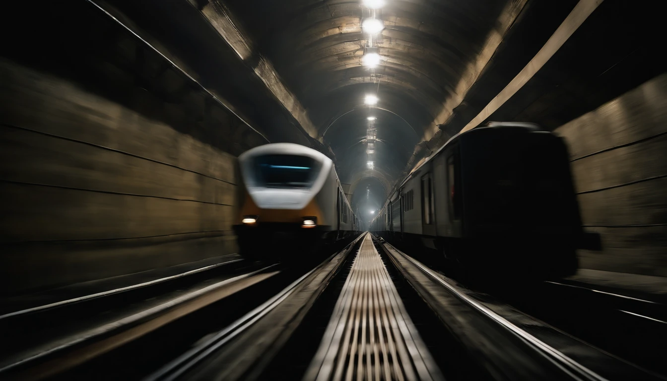 a textured shot of the train’s surroundings inside the tunnel, showcasing the gritty and industrial nature of the environment, with motion blur adding an element of dynamism