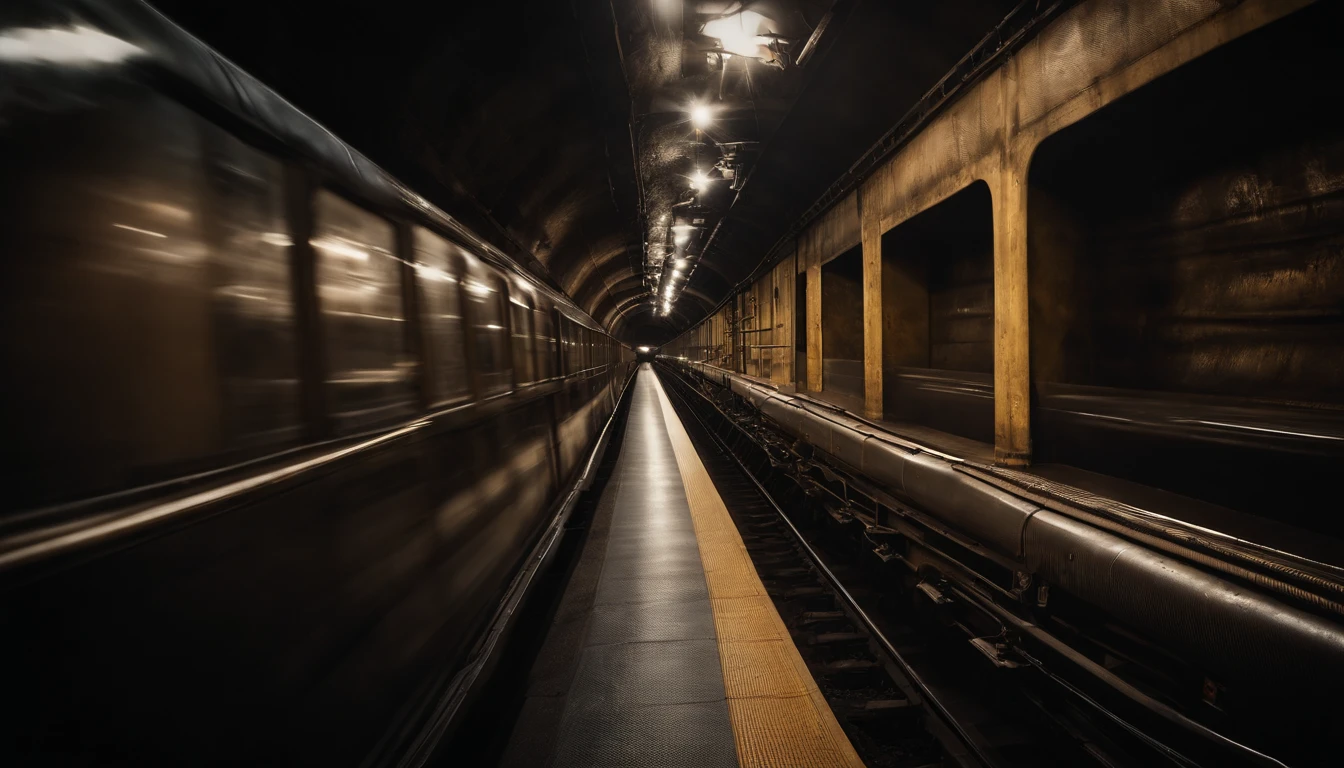 a textured shot of the train’s surroundings inside the tunnel, showcasing the gritty and industrial nature of the environment, with motion blur adding an element of dynamism