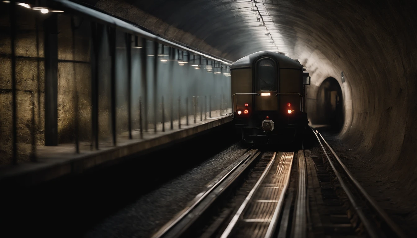 a textured shot of the train’s surroundings inside the tunnel, showcasing the gritty and industrial nature of the environment, with motion blur adding an element of dynamism