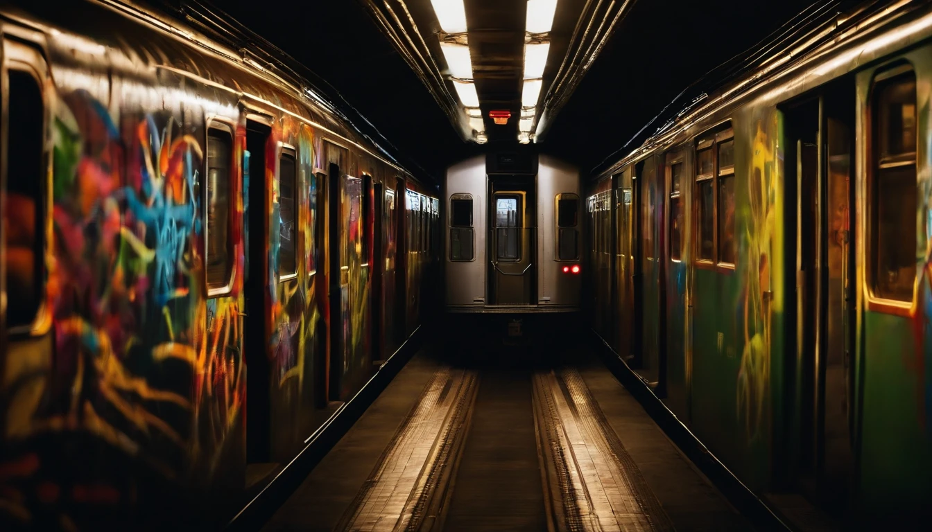 a creative shot of the train moving inside the tunnel, with colorful graffiti or artwork on the tunnel walls adding an artistic and urban touch to the image