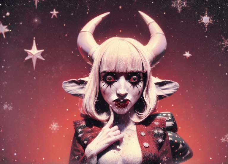 Senhorita Natal, Cosmic Terror, entidade mais velha,  Cristmas, female Cosmic ,(((Terror Cristmas))), horns goat, Miss Santa, (((trajes natalinos vermelhoace sombria, olhos brilhantes, escuro.