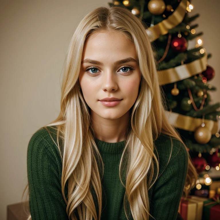 beautiful young girl, long blonde hair, looking at viewer, head portrait, photorealism sitting next to christmas tree