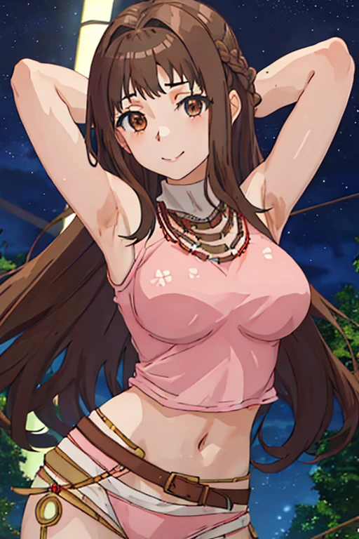 best quality, masterpiece, highres, solo, {itsuwa_toarumajutsunoindex:1.15}, brown_eyes, brown_hair, short_hair, 1girl, jewelry, necklace, long_hair, looking_at_viewer, close_mouth, upper_body, anime_coloring, shirt, contrapposto, spread armpit, arms behind head, solo, forest, night, smile,